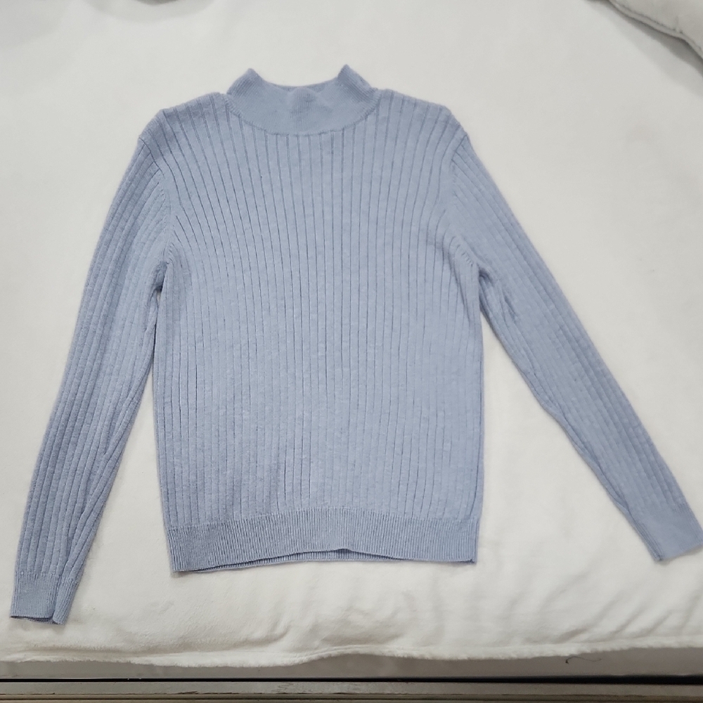 JEANNE PIERRE Sky Blue Ribbed Turtleneck Sweater
